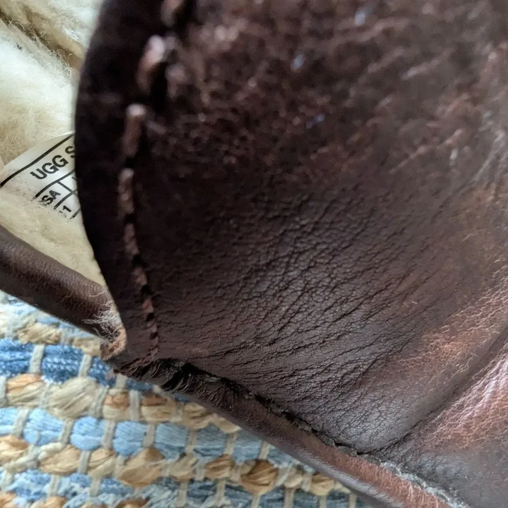 UGG Brown Leather Shearling Lined Loafers 11 Slippers Moccasin Sheepskin Warm Co